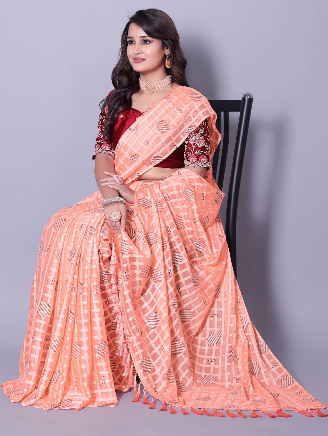 women checkered casual wear saree with blouse - 21962480 - Standard Image - 1