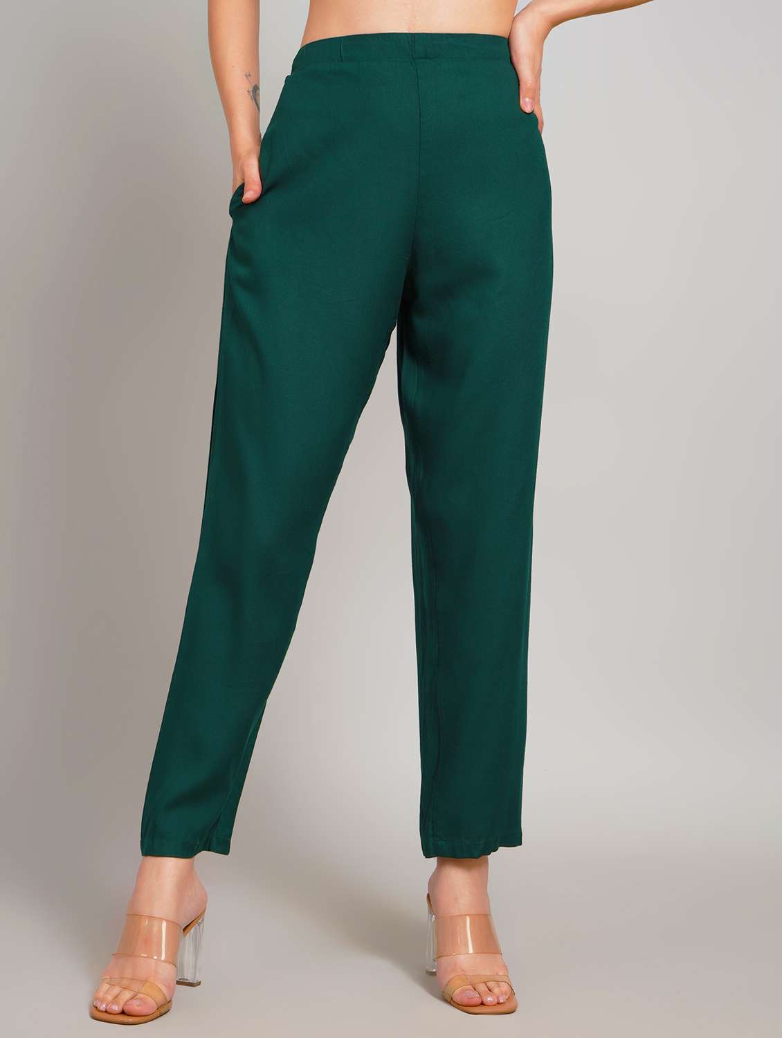women solid high rise straight trouser