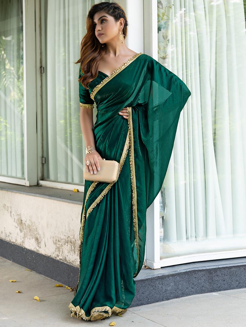 women solid with embellished bordered saree with blouse - 21962548 - Standard Image - 1