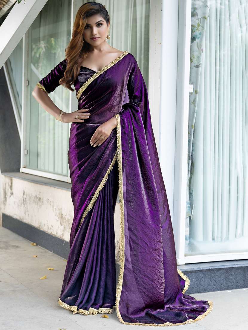 women solid with embellished bordered saree with blouse