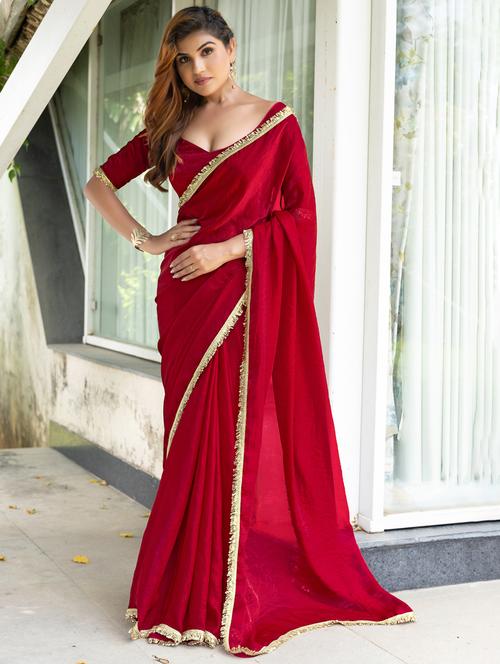 women solid with embellished bordered saree with blouse - 21962552 - Standard Image - 0