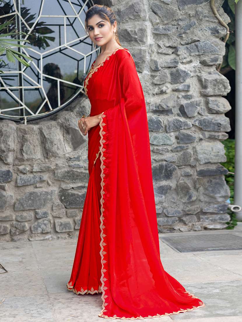 women solid with embellished bordered saree with blouse - 21962555 -  Standard Image - 1