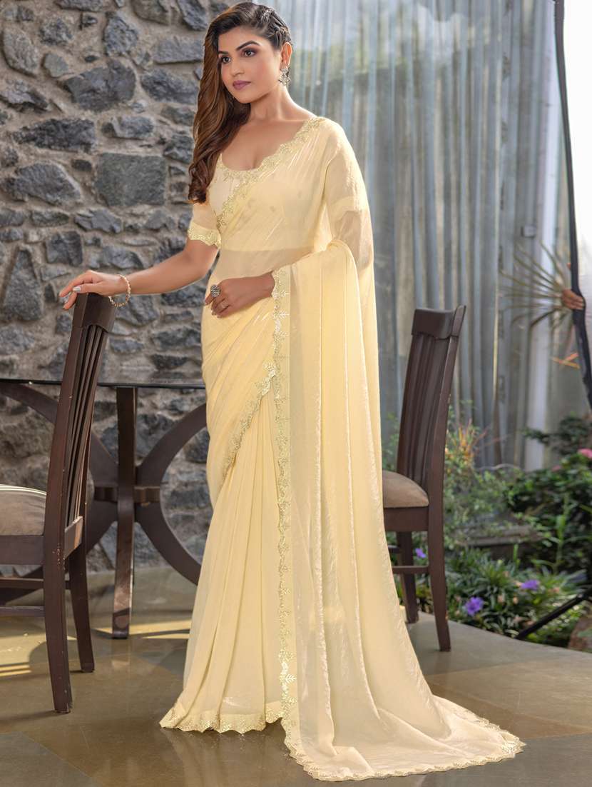 women solid with embellished bordered saree with blouse - 21962556 - Standard Image - 1