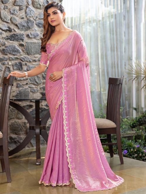 women solid with embellished bordered saree with blouse - 21962563 - Standard Image - 0