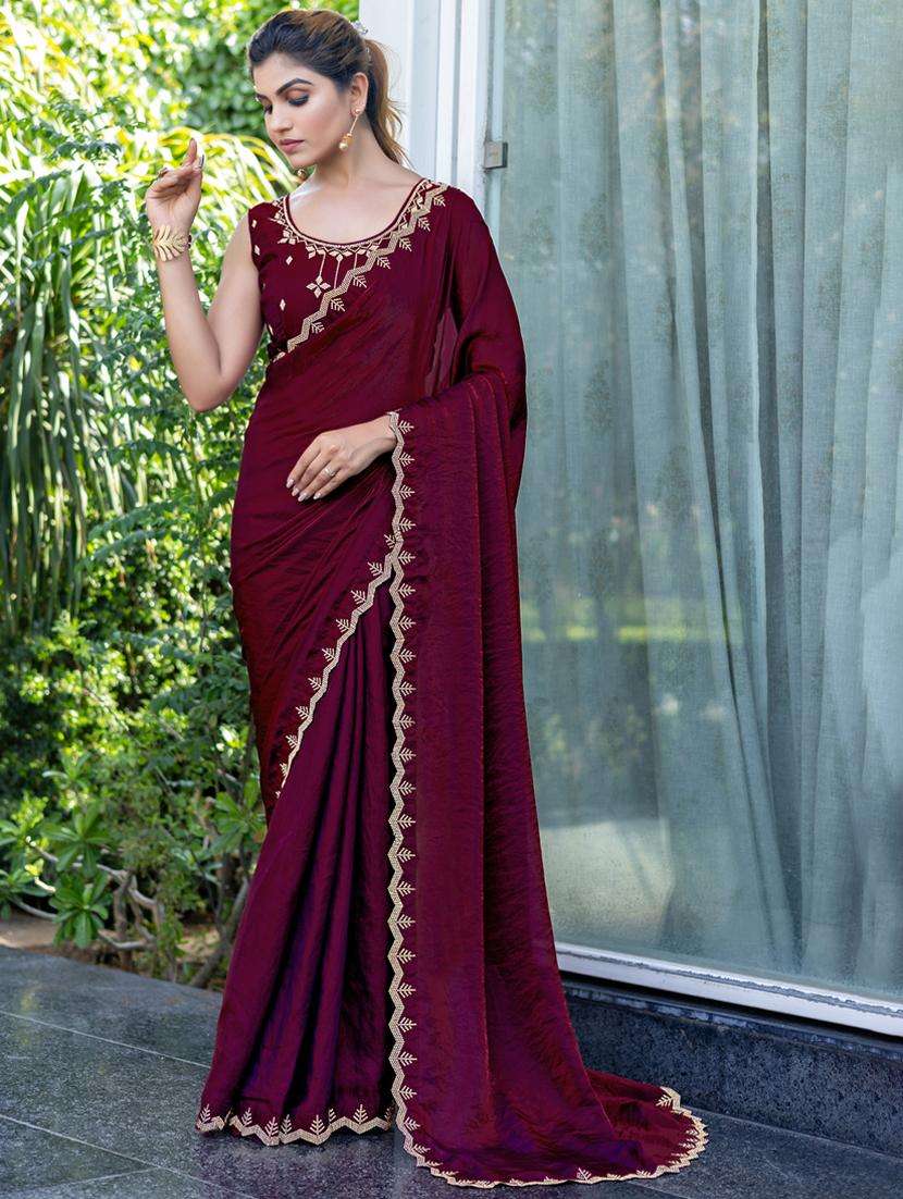 women solid with embellished bordered saree with blouse