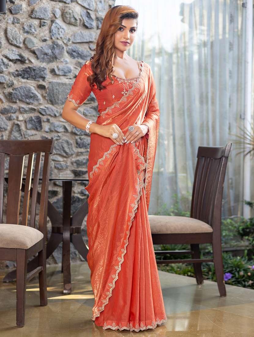 women solid with embellished bordered saree with blouse - 21962567 - Standard Image - 1