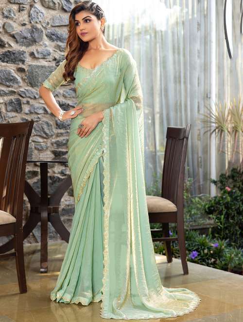 women solid with embellished bordered saree with blouse - 21962569 -  Standard Image - 0