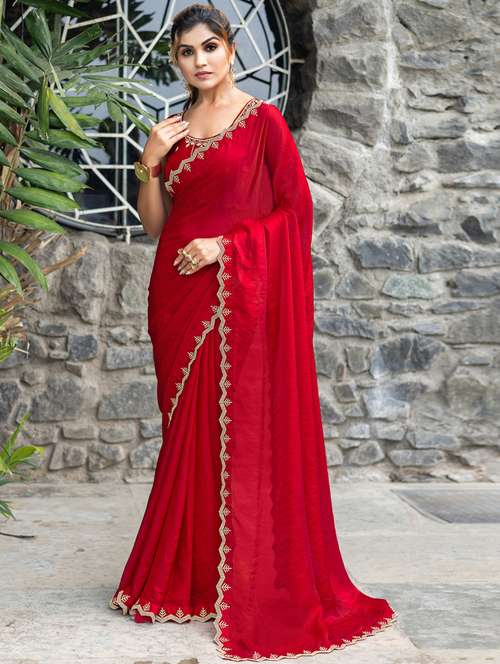women solid with embellished bordered saree with blouse - 21962571 -  Standard Image - 0
