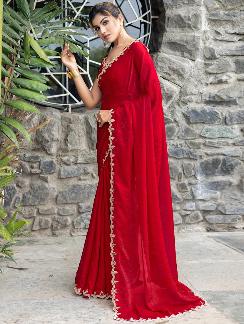 women solid with embellished bordered saree with blouse - 21962571 - Standard Image - 1