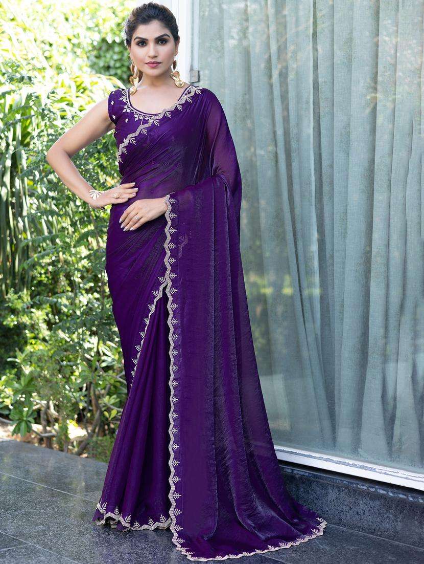 women solid with embellished bordered saree with blouse