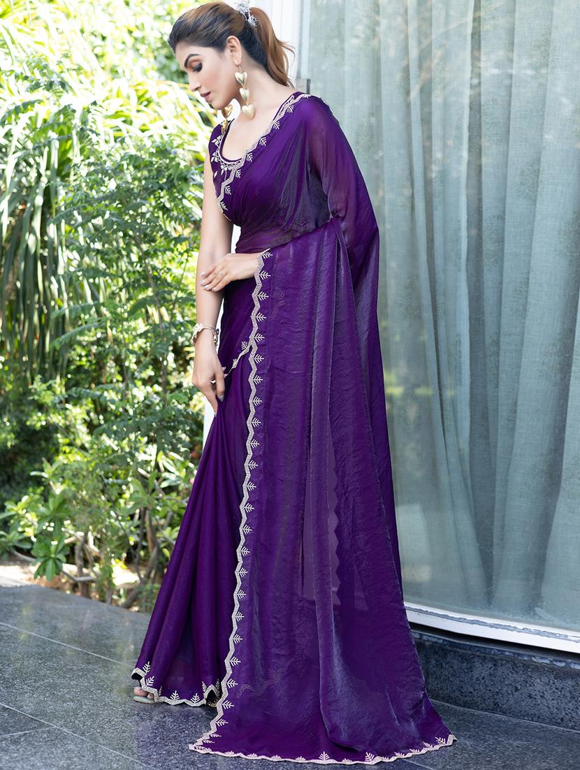 women solid with embellished bordered saree with blouse - 21962574 -  Standard Image - 1