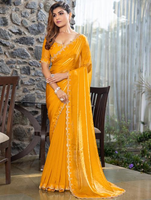 women solid with embellished bordered saree with blouse - 21962575 - Standard Image - 0