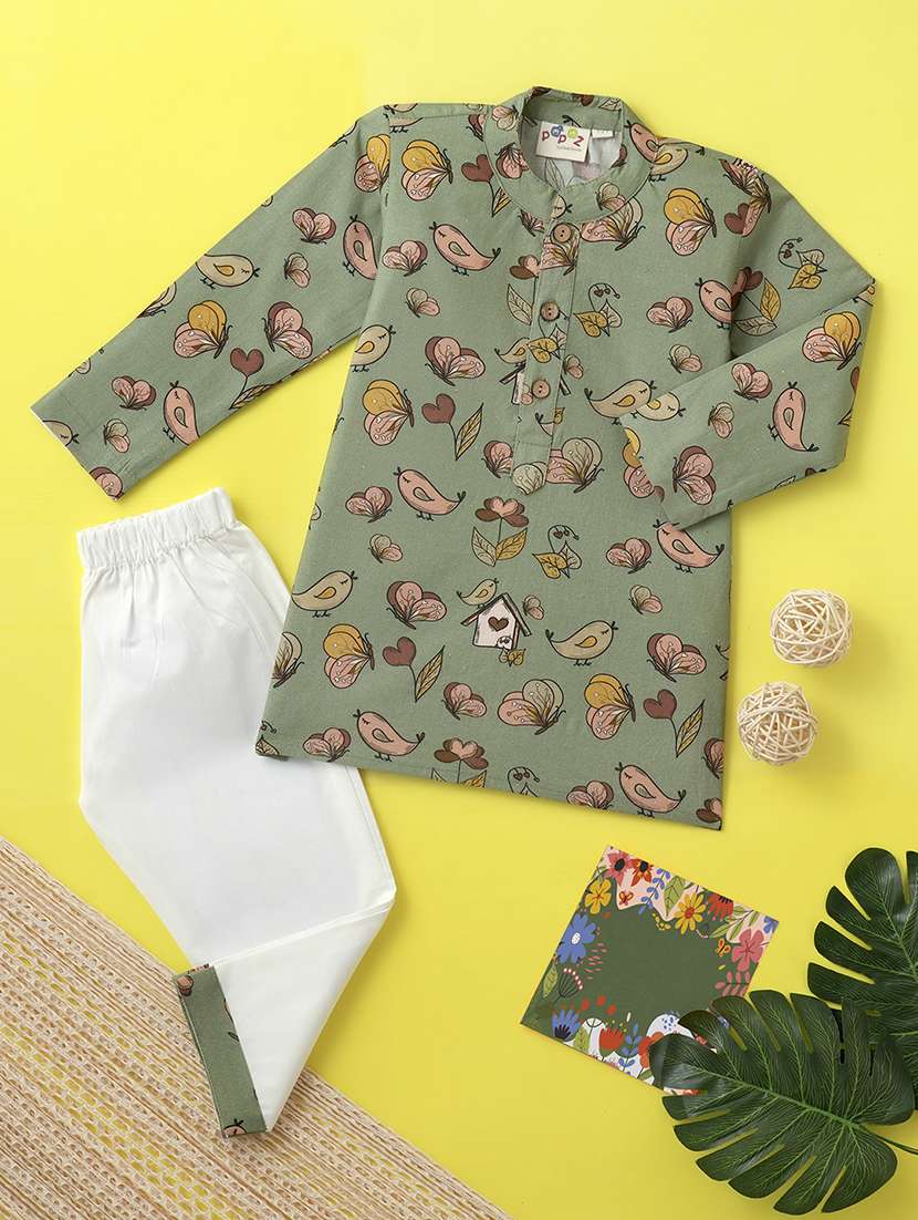 boys printed long sleeve kurta & pyjama set