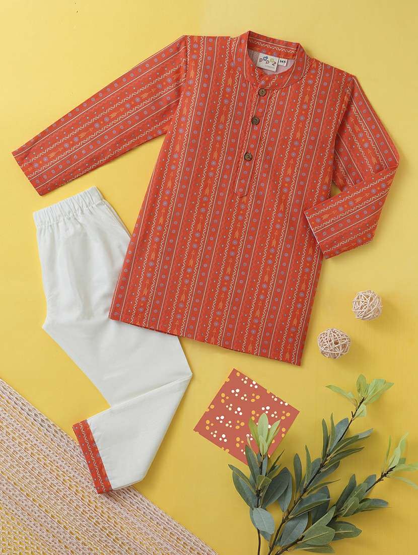 boys printed long sleeve kurta & pyjama set