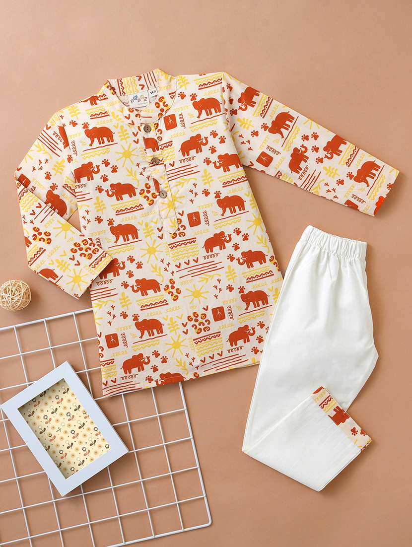 boys printed long sleeve kurta & pyjama set