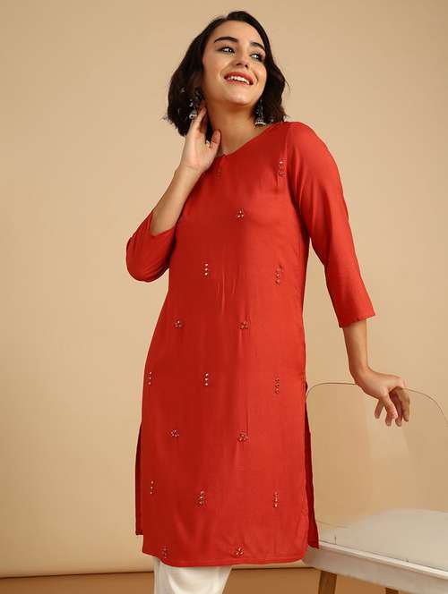 women three quarter sleeve straight kurta - 21962783 -  Standard Image - 0