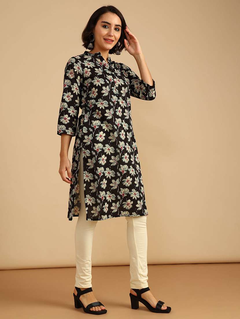 women floral three quarter sleeve straight kurta - 21962784 -  Standard Image - 1