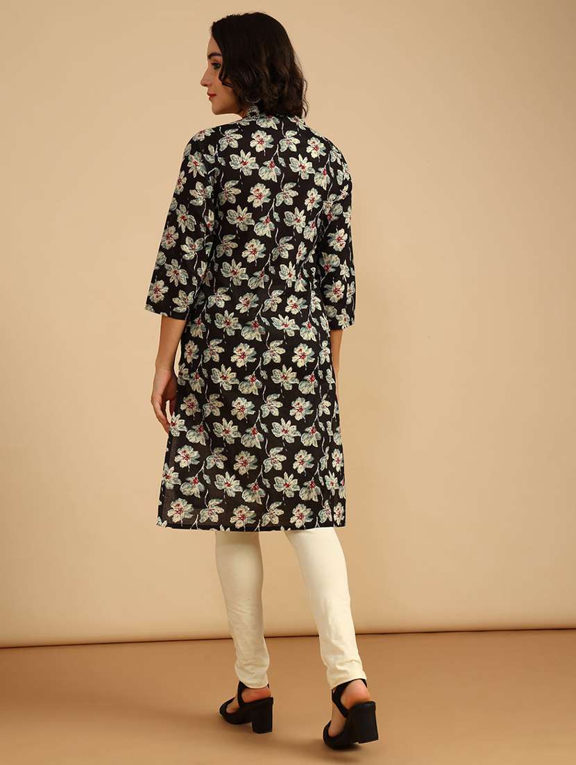 women floral three quarter sleeve straight kurta - 21962784 -  Standard Image - 4