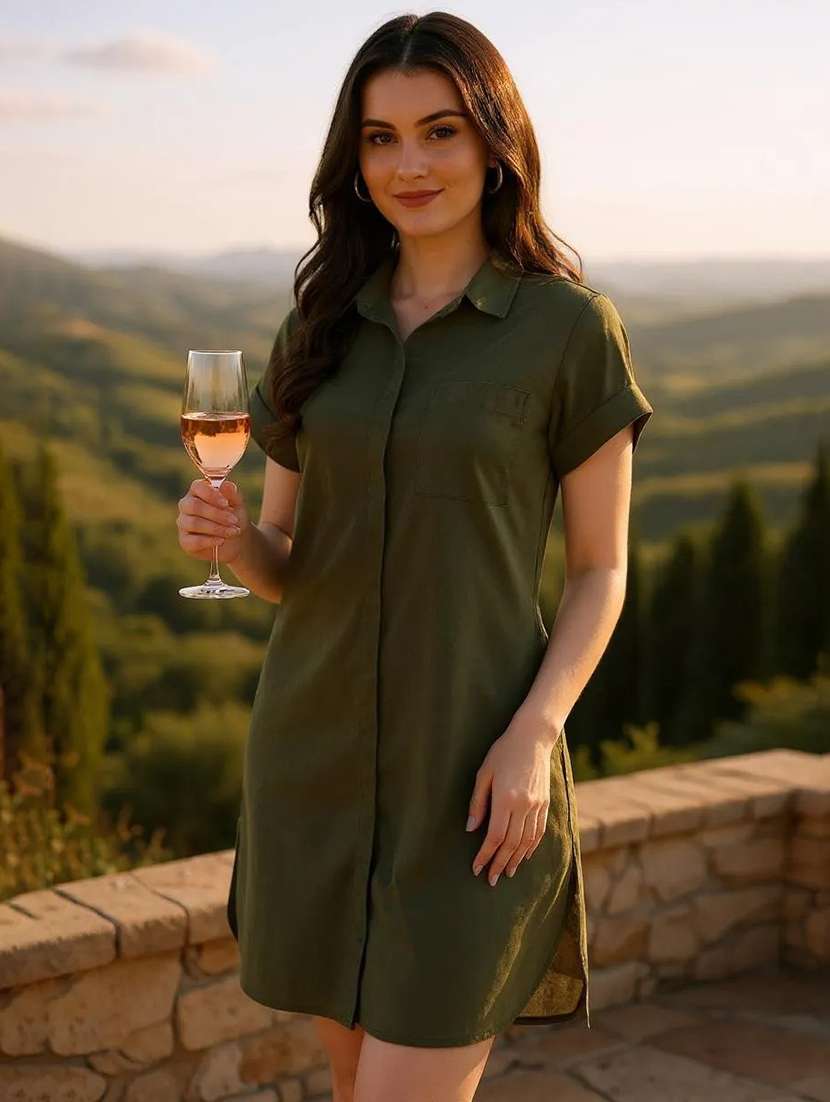 women solid collared short sleeve shirt dress