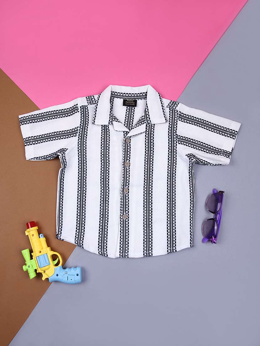 boys white self designed collared shirt