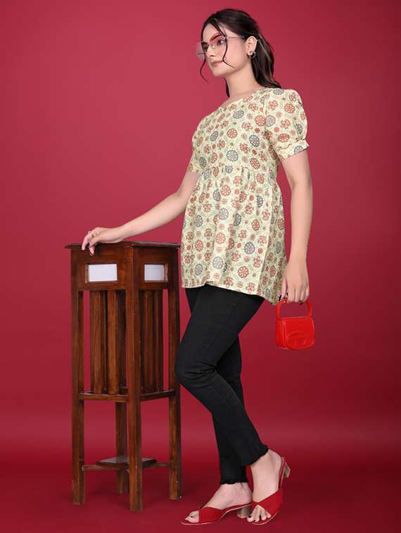 women beige printed puff sleeve a-line tunic