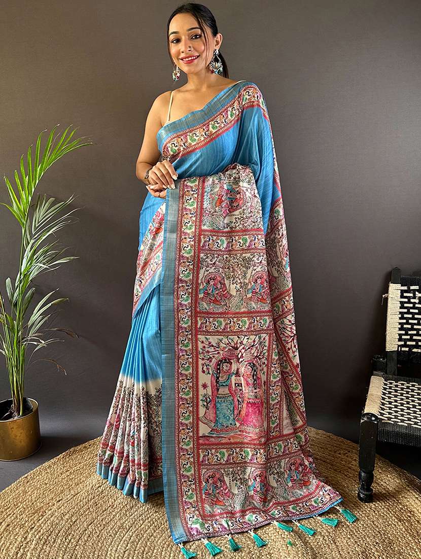 women madhubani printed saree with blouse