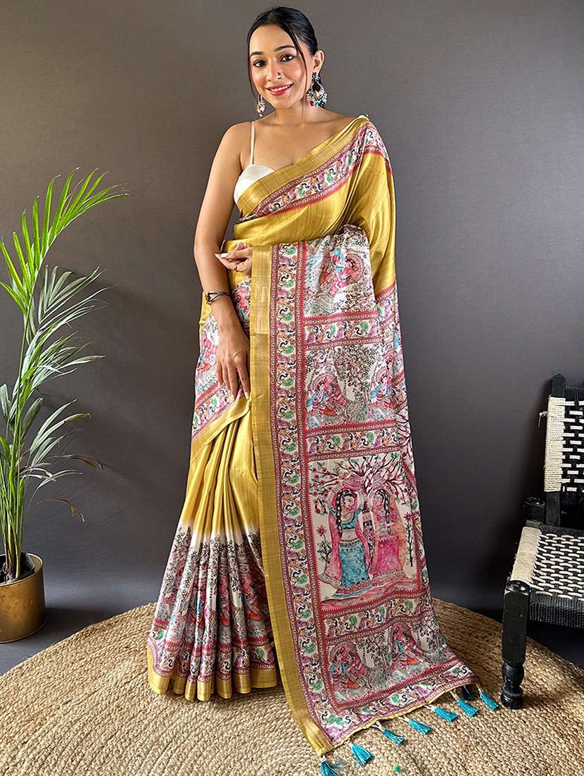 women madhubani printed saree with blouse