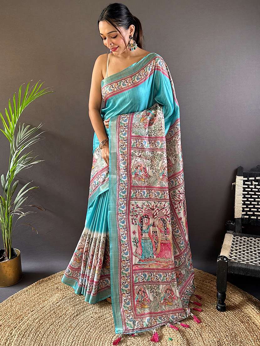 women madhubani printed saree with blouse