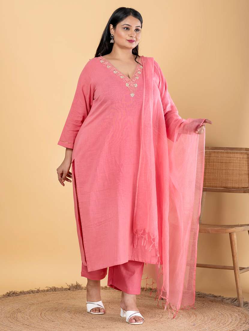 women plus size three quarter sleeve kurta pant with dupatta set - 21963101 -  Standard Image - 1