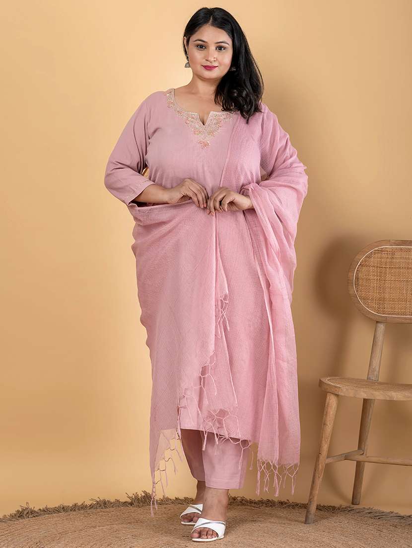 women plus size three quarter sleeve kurta pant with dupatta set