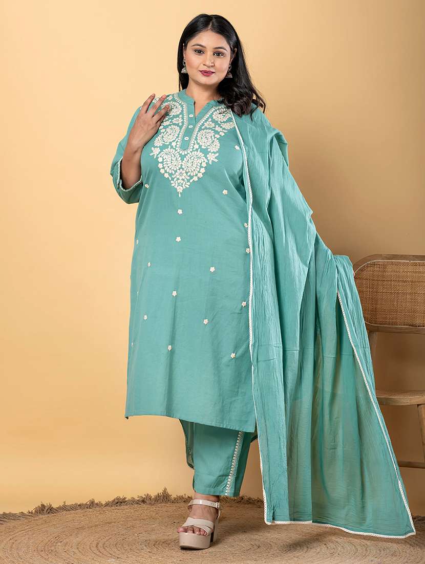 women plus size three quarter sleeve kurta pant with dupatta set - 21963104 -  Standard Image - 1