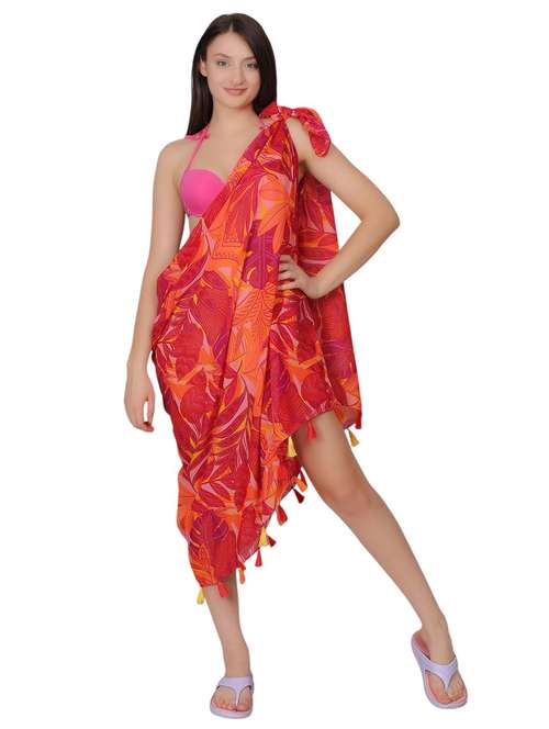 women orange tropical printe beach sarong