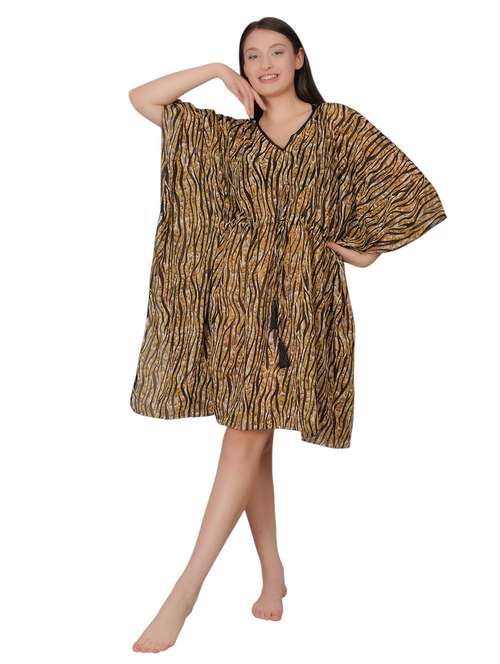women brown animal print sheer kaftan dress