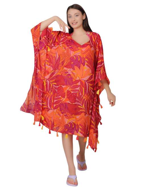women tropical print sheer kaftan dress