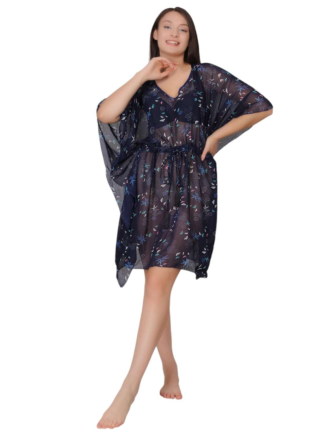 women navy blue printed sheer kaftan dress