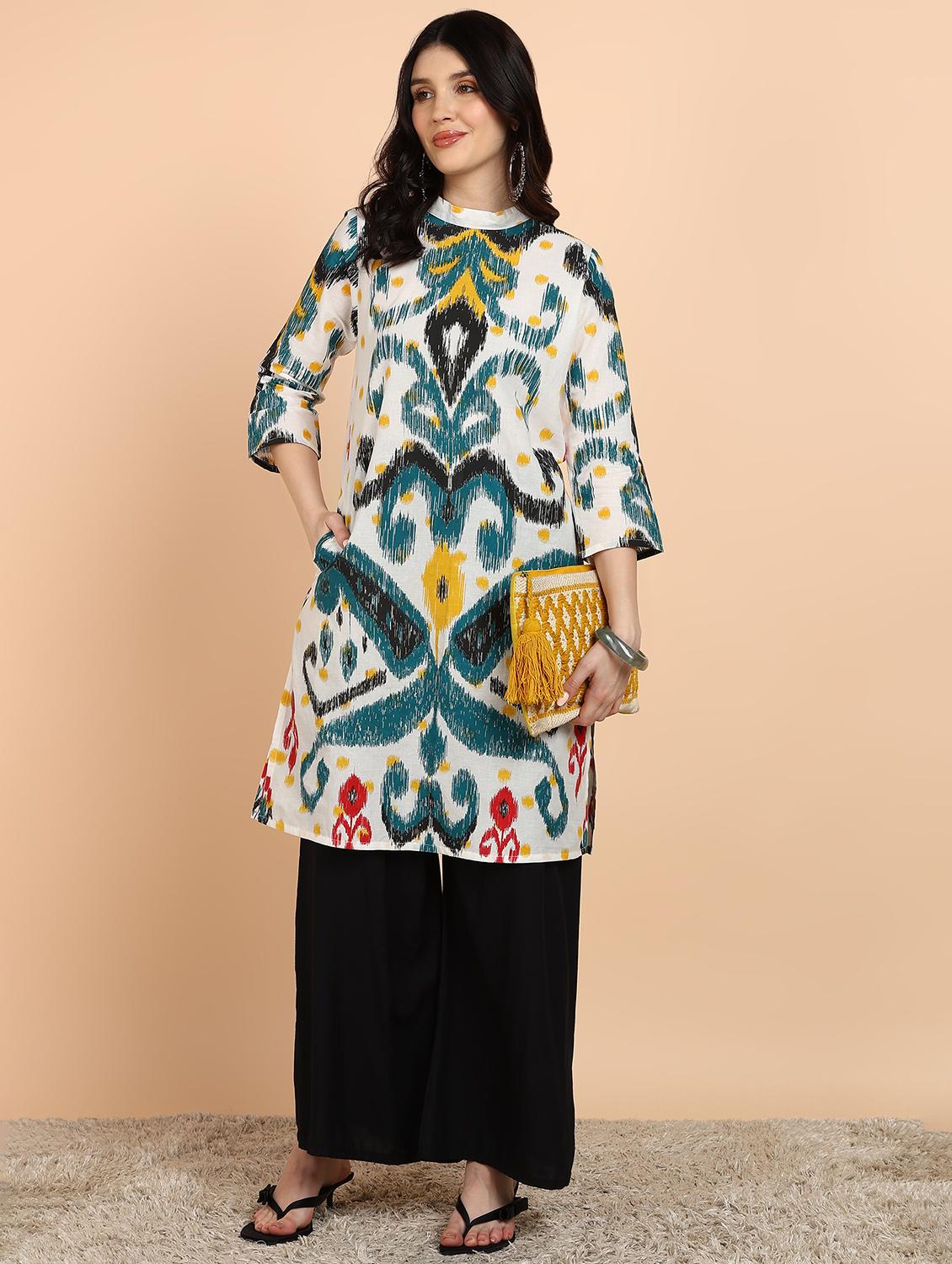 women ikat print three quarter sleeve straight kurta - 21963312 - Zoom Image - 0