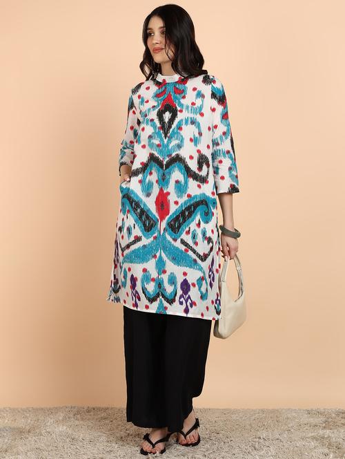 women ikat print three quarter sleeve straight kurta - 21963313 - Standard Image - 0