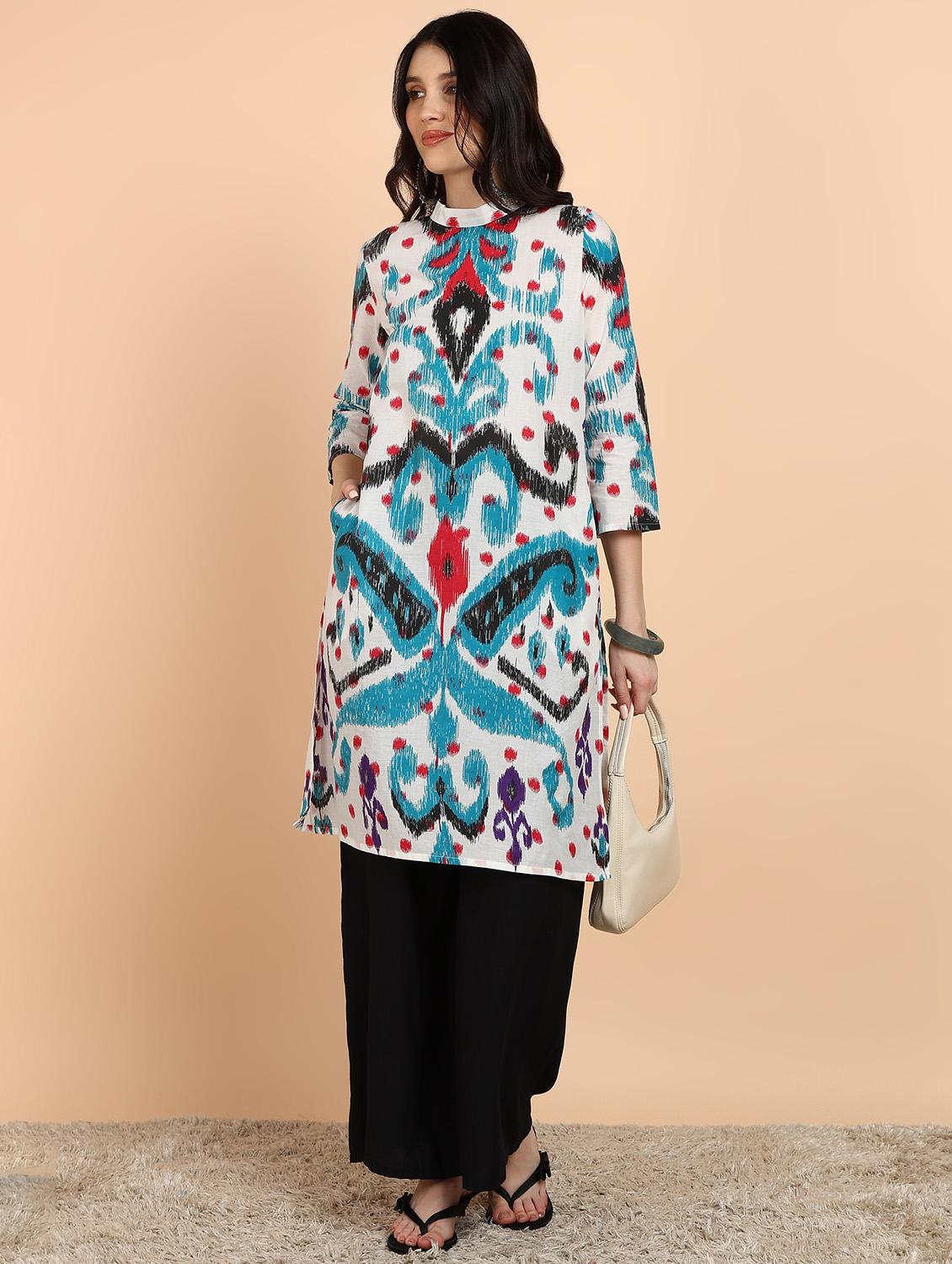women ikat print three quarter sleeve straight kurta - 21963313 - Zoom Image - 0