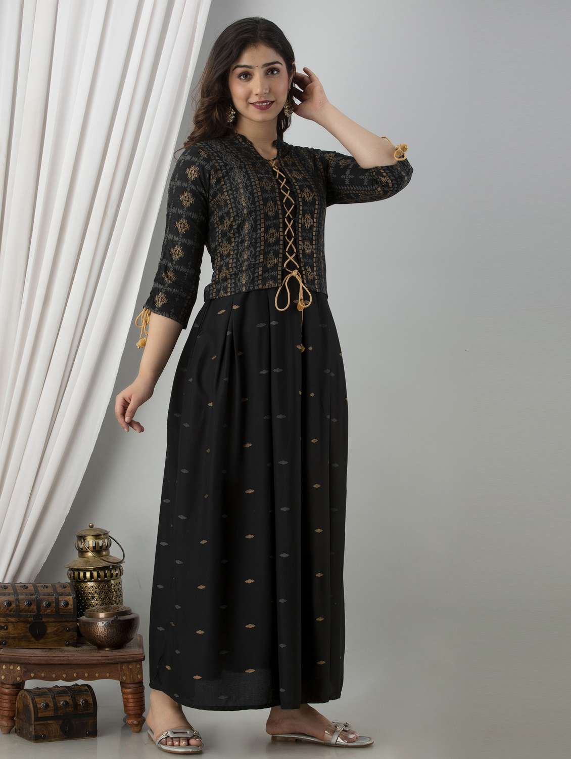women printed three quarter sleeve ethnic dress - 21963326 - Standard Image - 1