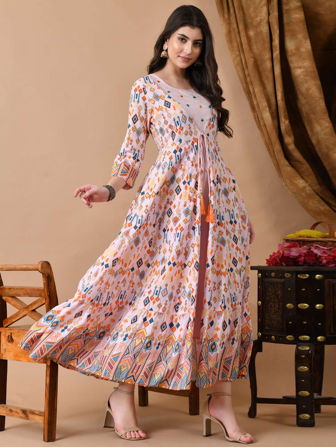 women printed three quarter sleeve ethnic dress