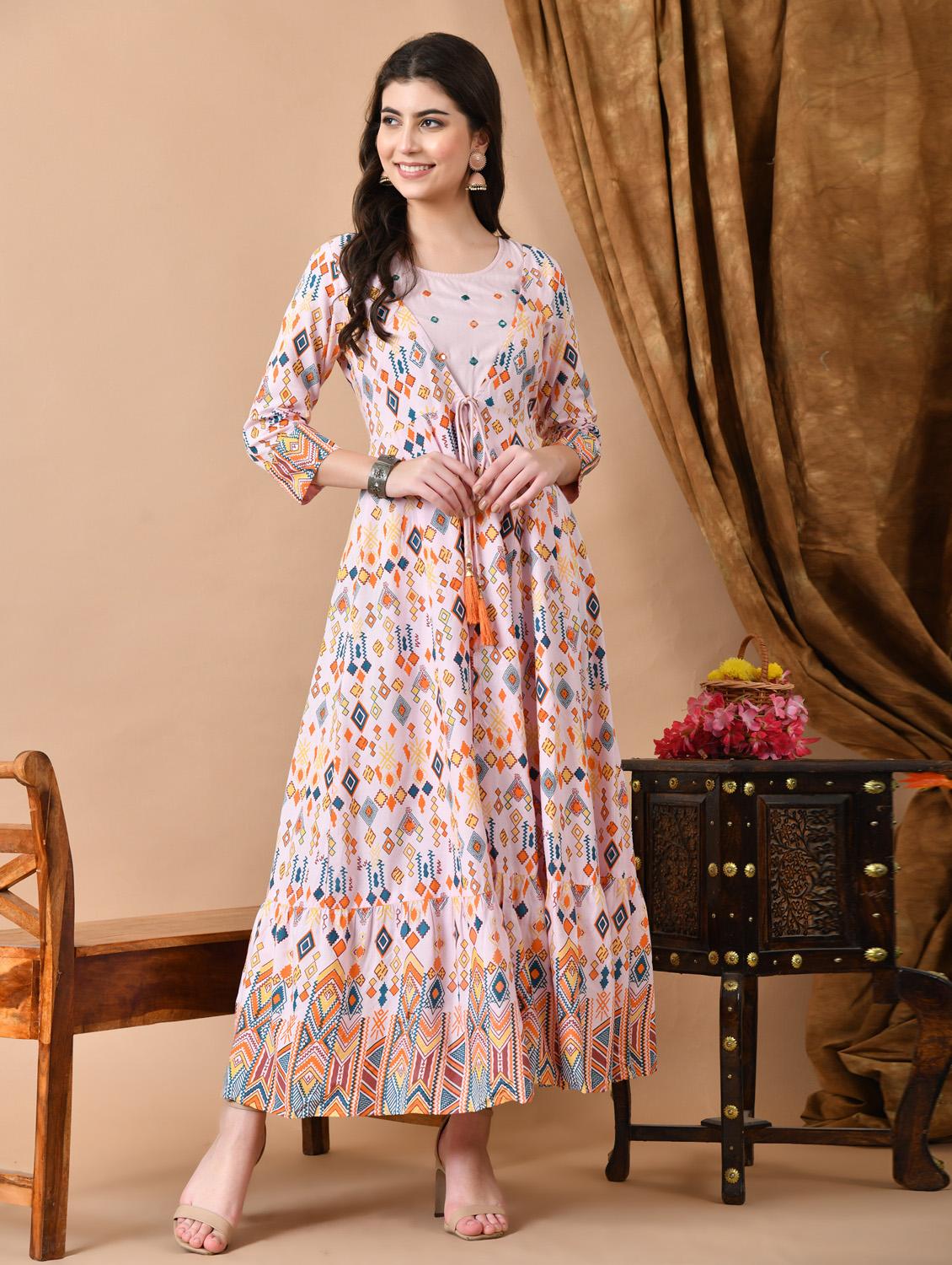 women printed three quarter sleeve ethnic dress - 21963327 -  Standard Image - 1