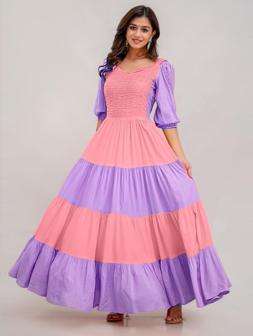 women color block puff sleeve tiered dress - 21963329 - Standard Image - 1