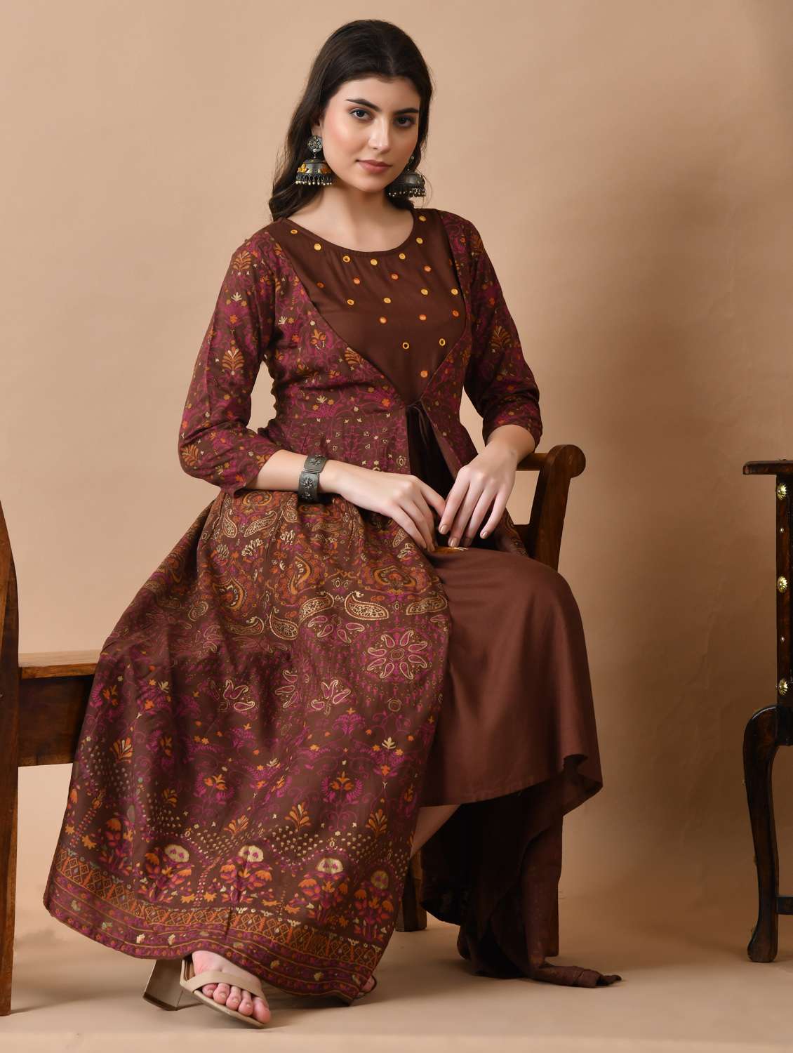 women printed three quarter sleeve ethnic dress