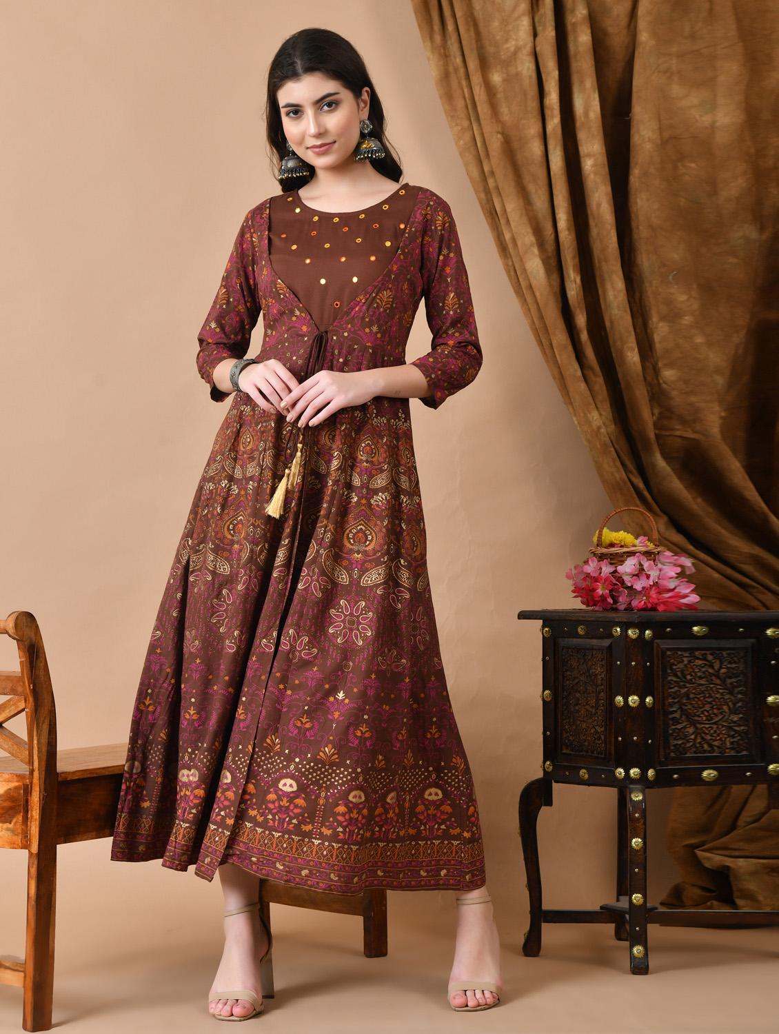 women printed three quarter sleeve ethnic dress - 21963330 -  Standard Image - 1