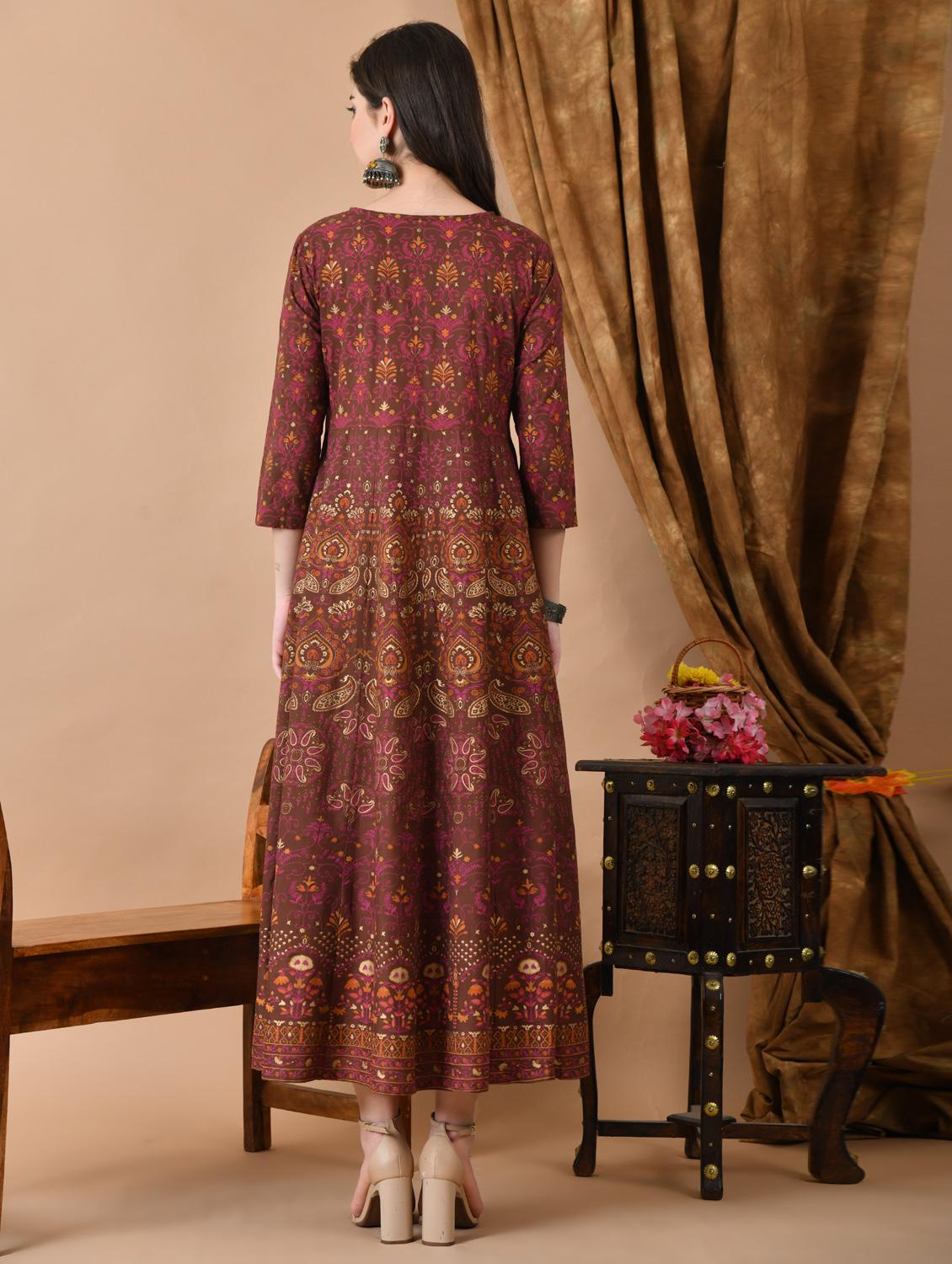 women printed three quarter sleeve ethnic dress - 21963330 - Standard Image - 4