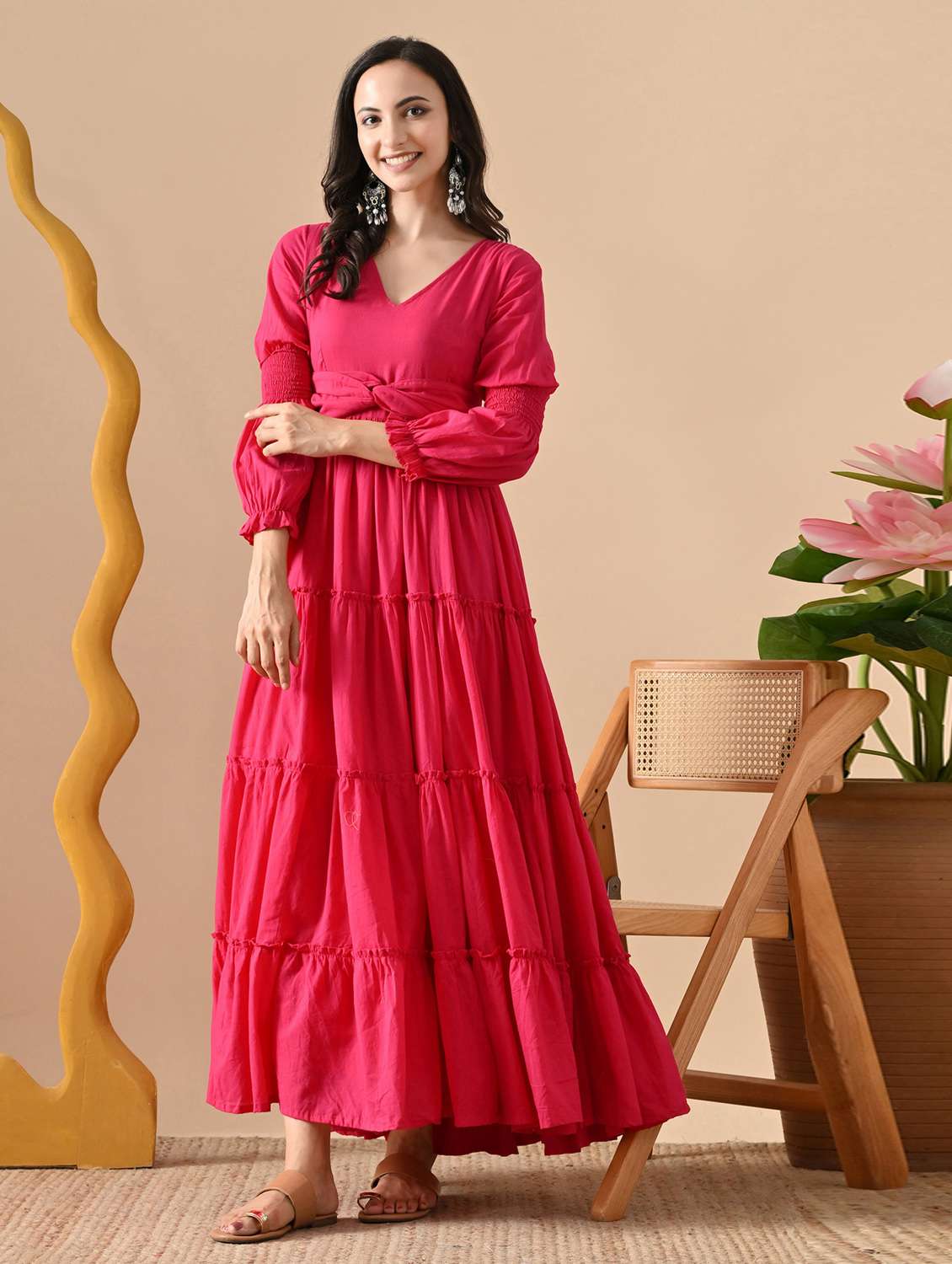 women pink solid long sleeve tiered dress