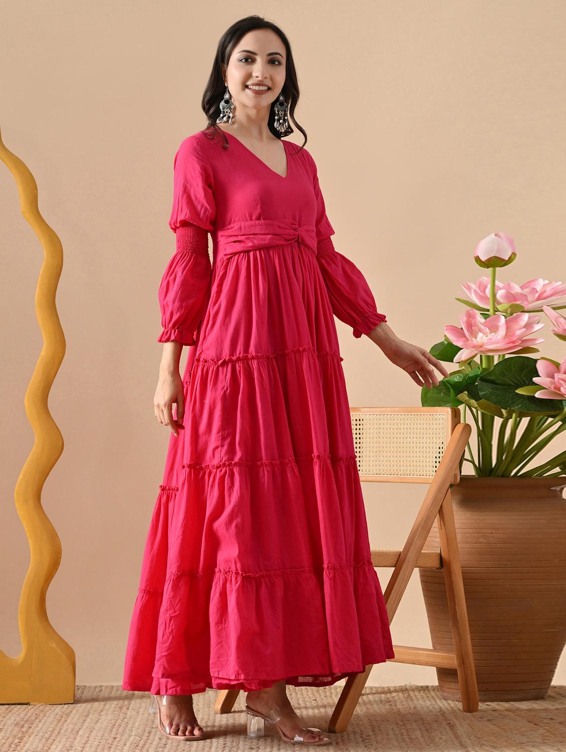 women pink solid long sleeve tiered dress - 21963332 - Standard Image - 1
