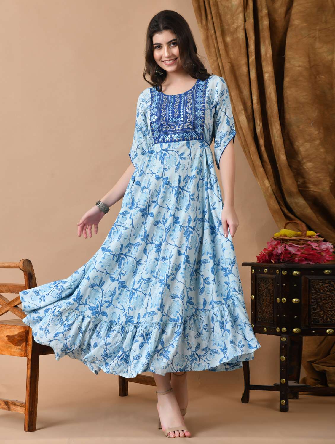 women floral printed three quarter sleeve ethnic dress