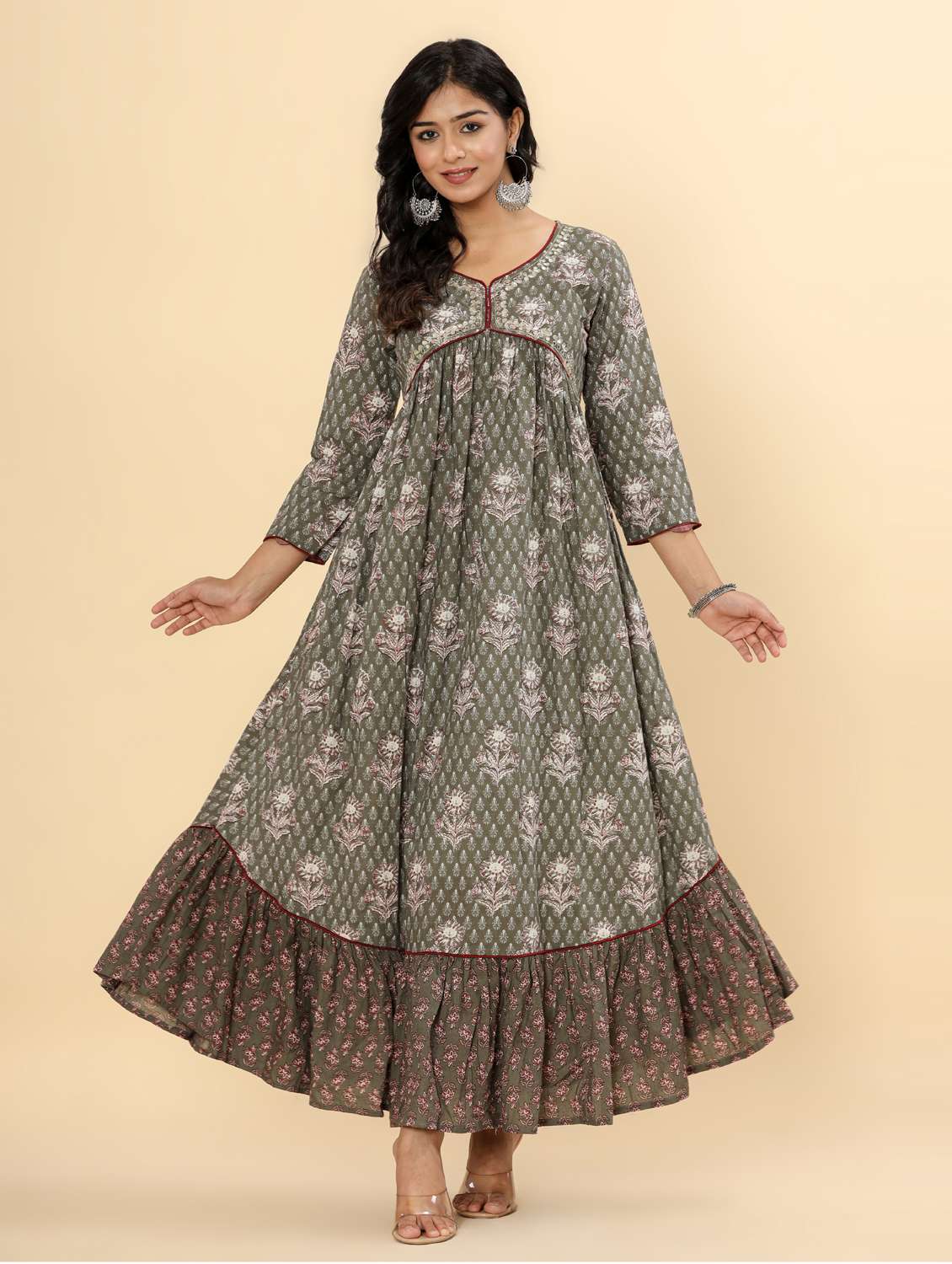 women printed three quarter sleeve ethnic dress - 21963335 - Standard Image - 1