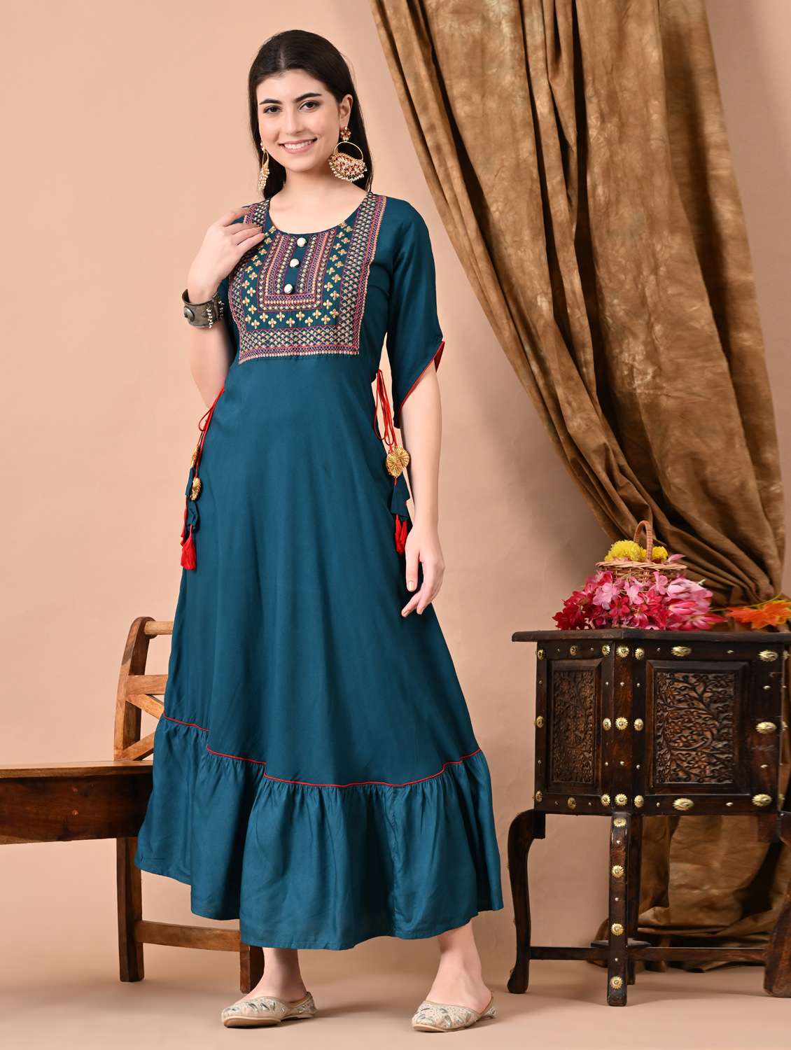 women embroidered elbow length sleeve ethnic dress - 21963337 -  Standard Image - 1